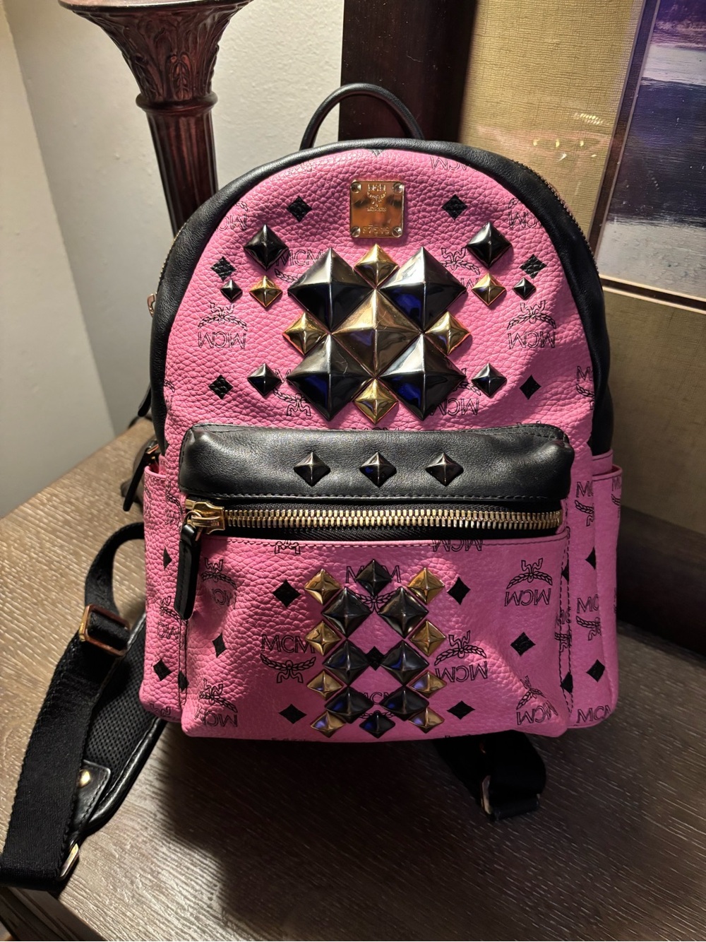 MCM Pink Leather Studded Mini Backpack with Black Trim